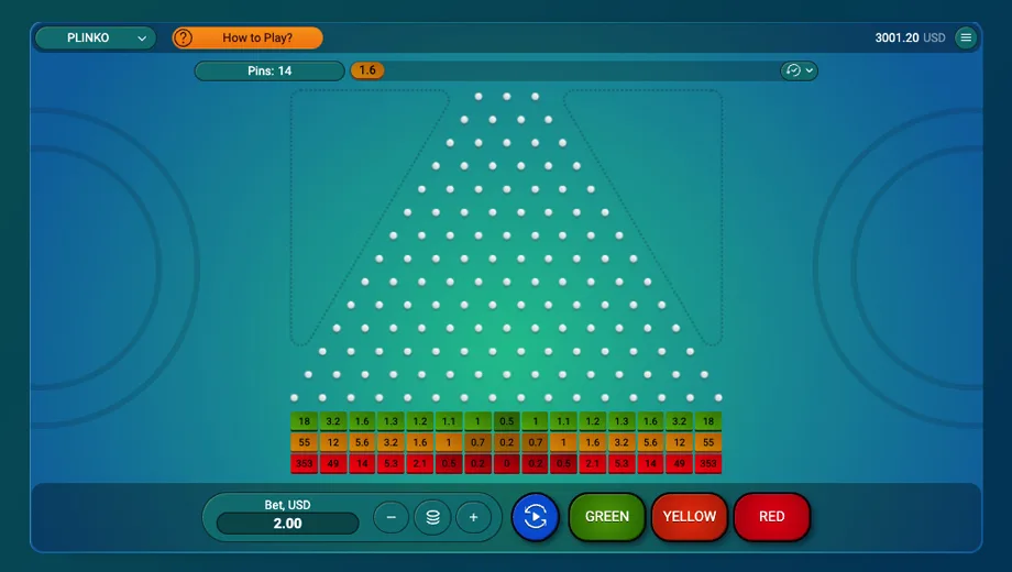Plinko online arcade game with pegged pyramid and color-coded risk slots